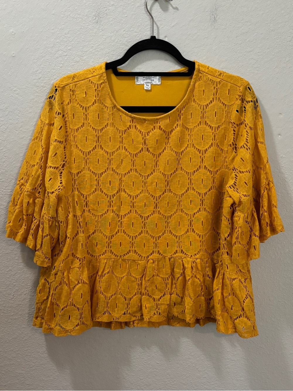 Shannon Ford New York Mustard Boho Ruffle Lace Peplum Top Size XL Petite